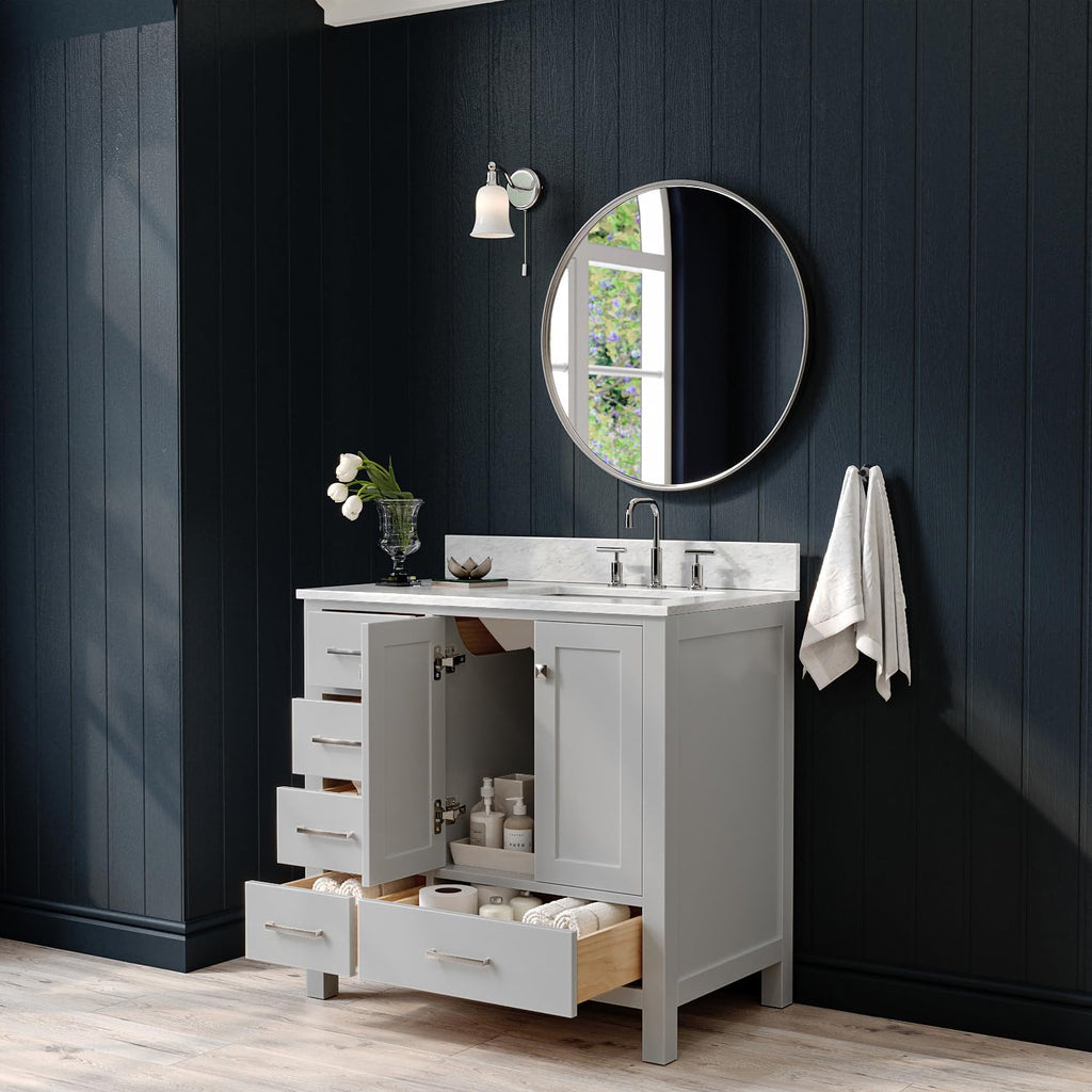 ARIEL Cambridge 36-inch Bathroom Vanity with Sink,Solid Wood, 0.75-inch Italian Carrara Marble Countertop, Single Rectangular Porcelain Sink, 2 Soft Closing Doors, 5 Dovetail Drawers, Grey