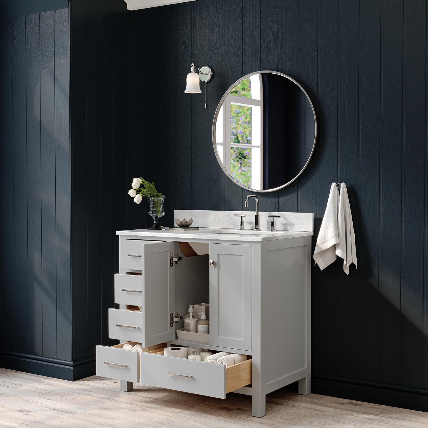 ARIEL Cambridge 36-inch Bathroom Vanity with Sink,Solid Wood, 0.75-inch Italian Carrara Marble Countertop, Single Rectangular Porcelain Sink, 2 Soft Closing Doors, 5 Dovetail Drawers, Grey