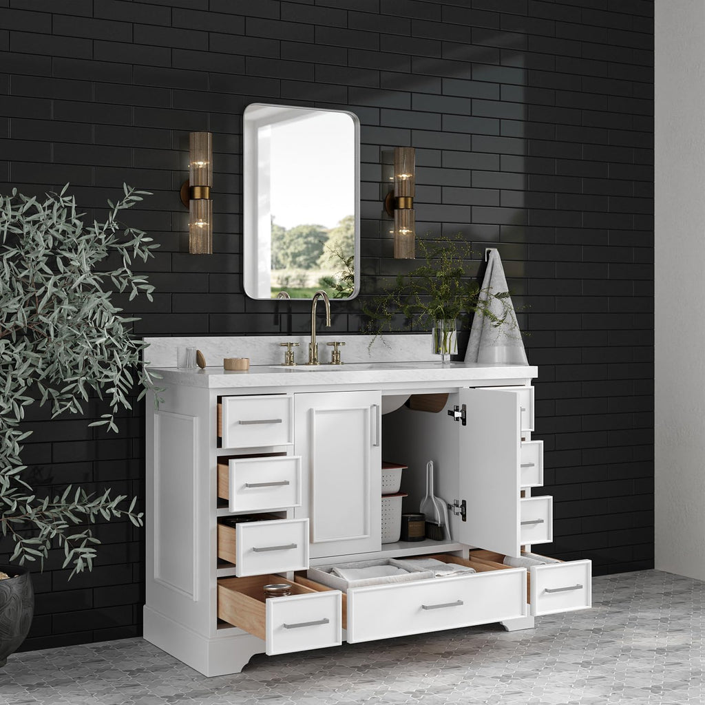 ARIEL Stafford 48-inch Bathroom Vanity with Sink,Solid Wood, 1.5-inch Italian Carrara Marble Countertop, Single Rectangular Porcelain Sink, 2 Soft Closing Doors, 9 Dovetail Drawers, White