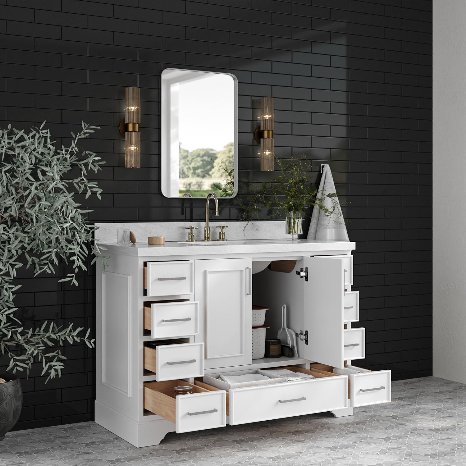 ARIEL Stafford 48-inch Bathroom Vanity with Sink,Solid Wood, 1.5-inch Italian Carrara Marble Countertop, Single Rectangular Porcelain Sink, 2 Soft Closing Doors, 9 Dovetail Drawers, White