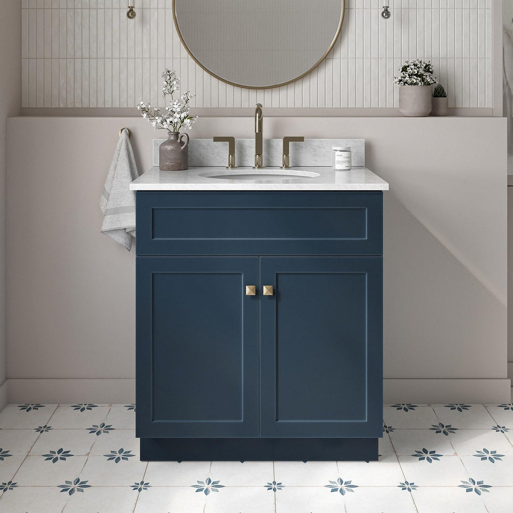 ARIEL Hamlet 30-inch Bathroom Vanity with Sink,Solid Wood, 0.75-inch Italian Carrara Marble Countertop & Backsplash, Single Oval Porcelain Sink, 2 Soft Closing Doors, Midnight Blue