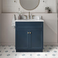 ARIEL Hamlet 30-inch Bathroom Vanity with Sink,Solid Wood, 0.75-inch Italian Carrara Marble Countertop & Backsplash, Single Oval Porcelain Sink, 2 Soft Closing Doors, Midnight Blue