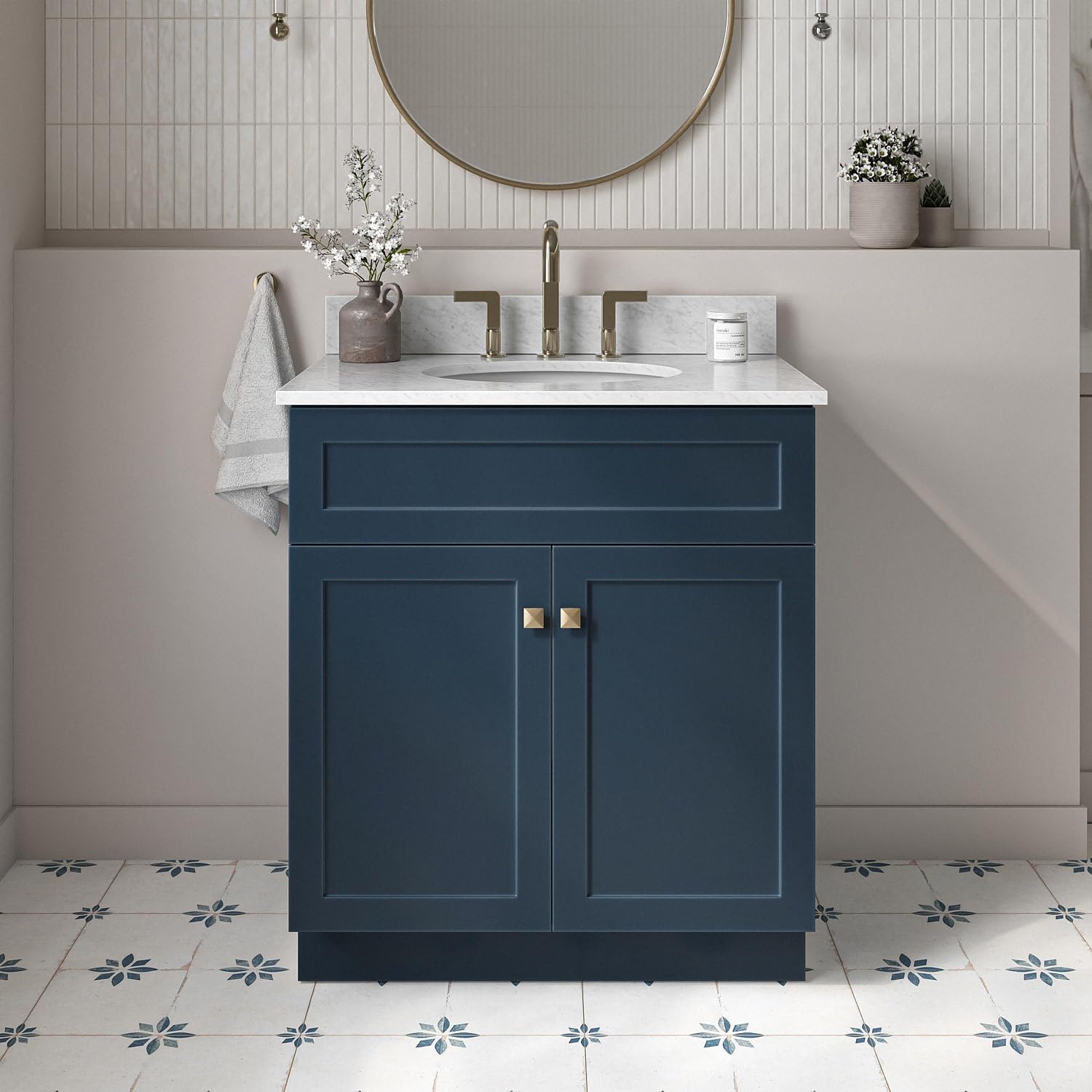 ARIEL Hamlet 30-inch Bathroom Vanity with Sink,Solid Wood, 0.75-inch Italian Carrara Marble Countertop & Backsplash, Single Oval Porcelain Sink, 2 Soft Closing Doors, Midnight Blue