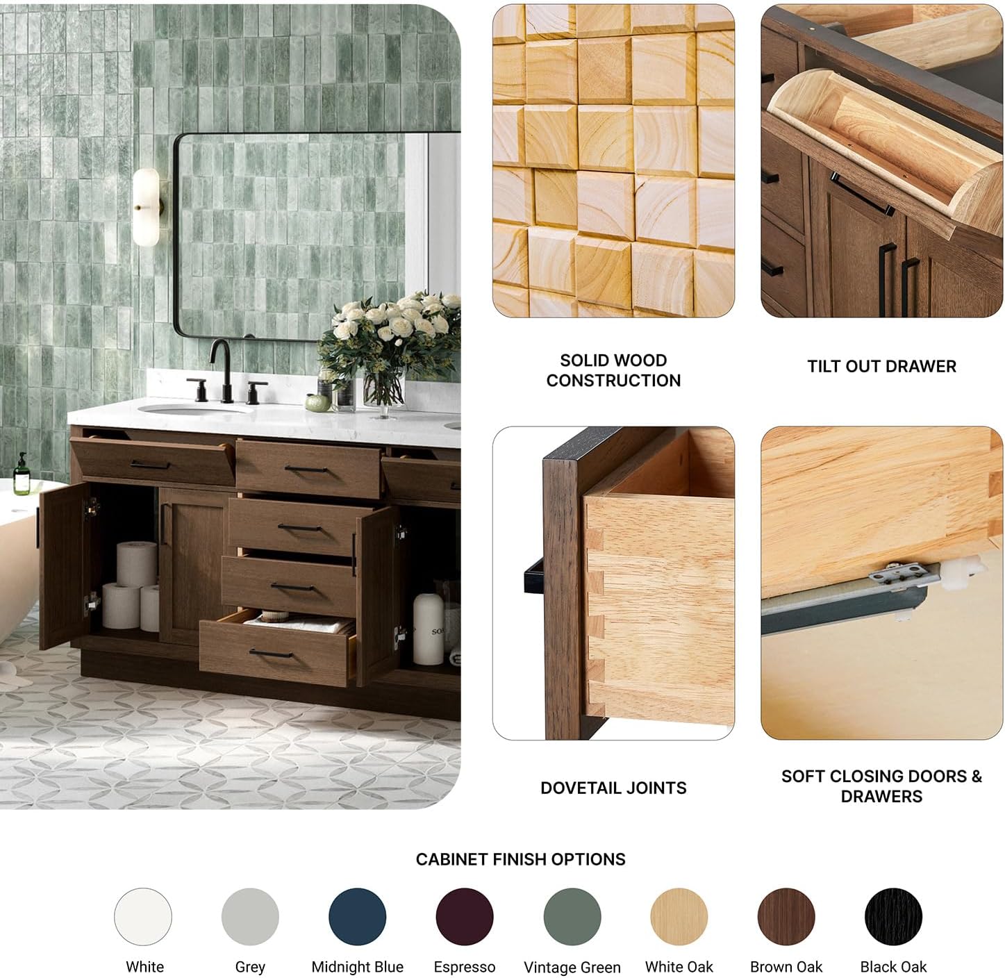 ARIEL Hepburn 72-inch Bathroom Vanity with Sink,Solid Wood, 1.5-inch Carrara White Quartz Countertop & Backsplash, Double Oval Porcelain Sink, 4 Soft Closing Doors, 6 Dovetail Drawers, Brown Oak