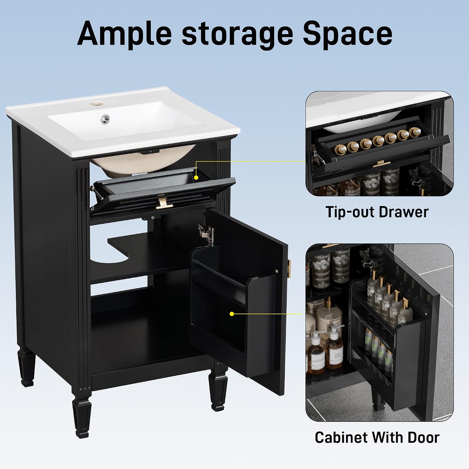 VilroCaz 20'' Bathroom Vanity with Sink, Freestanding Storage Cabinet with Tilt-Out Drawer, Adjustable Shelf and Solid Wood Legs for Small Bathroom (Black-4.10)