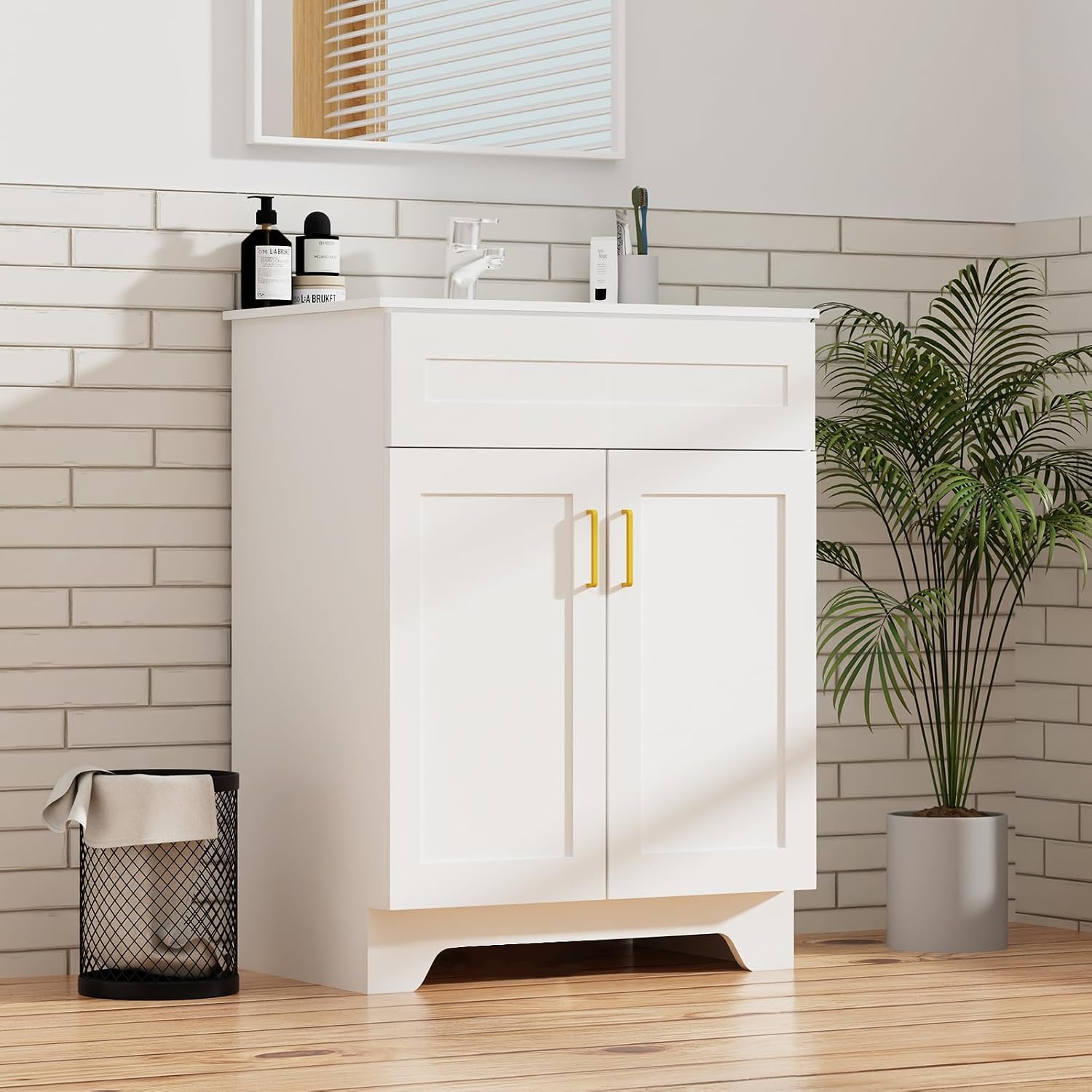 24 Inch Bathroom Vanity with Sink, Modern Bathroom Vanity with Ceramic Basin and Countertop, Narrow Design for Small Bathroom, White