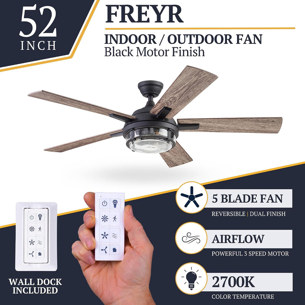 Prominence Home Freyr, 52 Inch Indoor Outdoor LED Ceiling Fan with Light, Remote Control, Dual Mounting Options, 5 Dual Finish Blades, Reversible Motor -51484-01 (Painted Galvanized)
