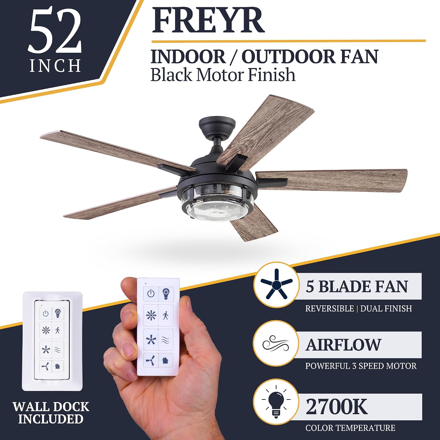 Prominence Home Freyr, 52 Inch Indoor Outdoor LED Ceiling Fan with Light, Remote Control, Dual Mounting Options, 5 Dual Finish Blades, Reversible Motor -51484-01 (Painted Galvanized)
