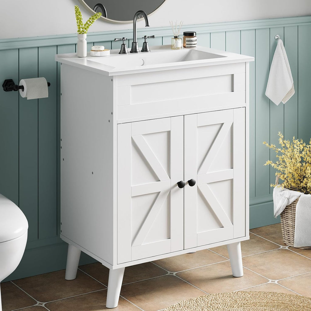 HOOBRO 24.2' Modern Bathroom Vanity with Sink, Farmhouse Bathroom Sink Cabinet with Ceramic Basin, Door Storage, 2 Doors & High-Leg Design, Easy Assembly, Drain Kit Not Included, White