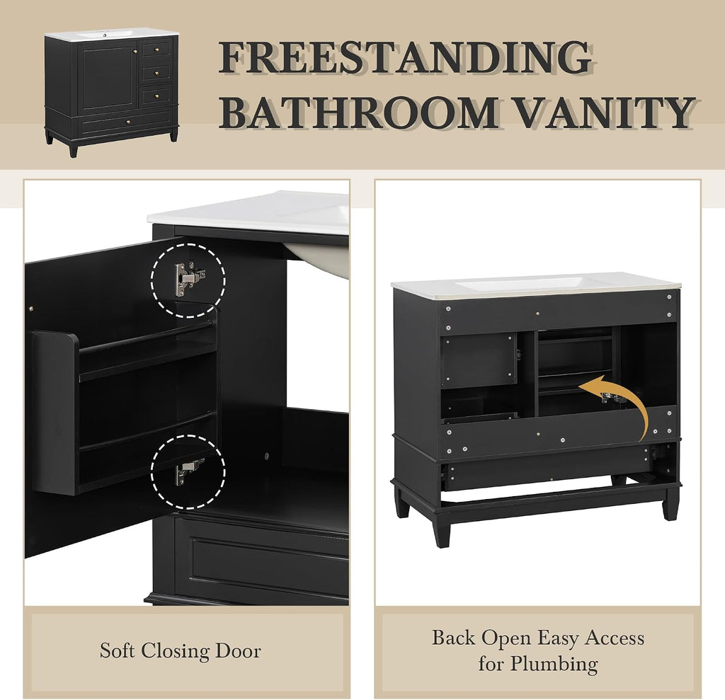 36 Inch Bathroom Vanity with Sink Set, Undermount Vanity Sink Cabinet with 3 Drawers and Door Storage, Soft Closing Door, Wood Frame, Black
