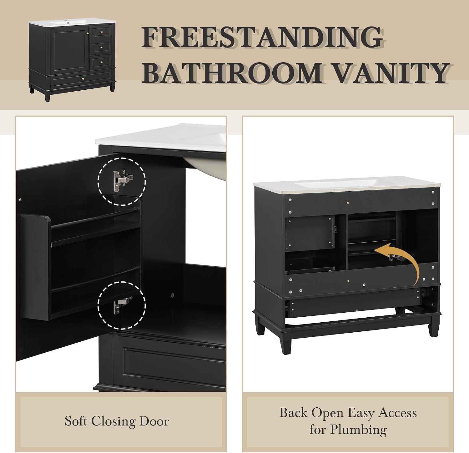 36 Inch Bathroom Vanity with Sink Set, Undermount Vanity Sink Cabinet with 3 Drawers and Door Storage, Soft Closing Door, Wood Frame, Black