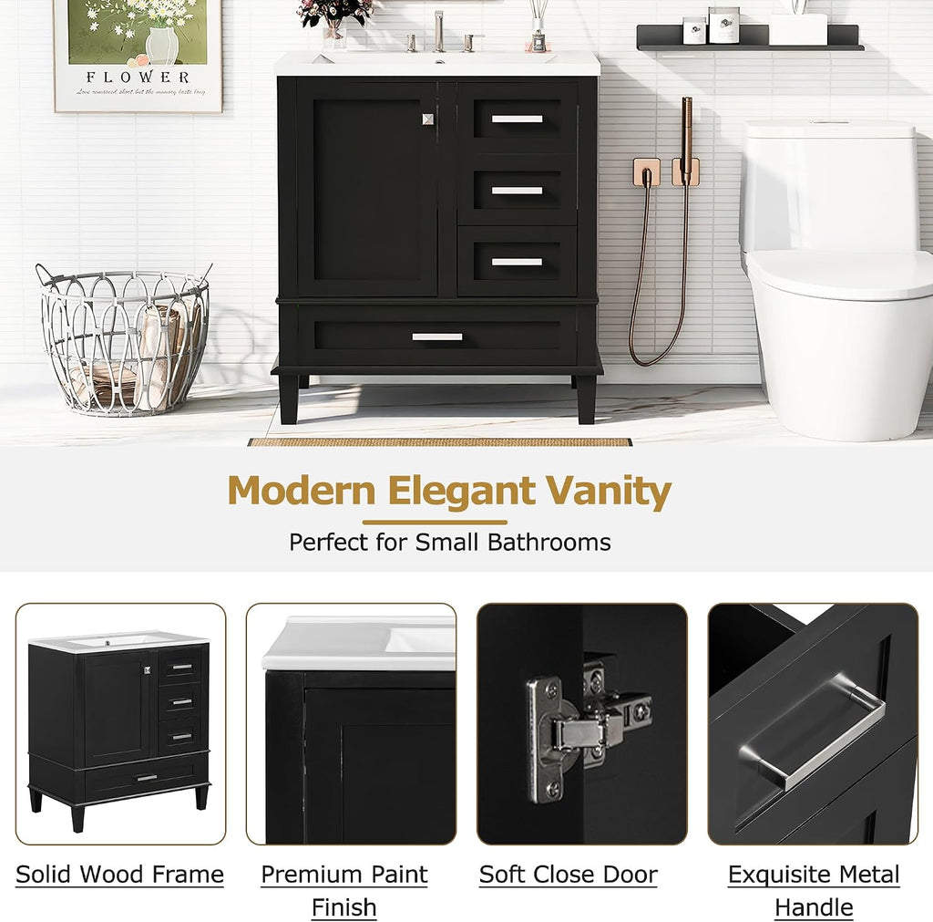 Mirightone 30' Bathroom Vanity with Sink, Bathroom Vanities 30 Inch with Top, Single Sink Bathroom Vanity with 3 Drawers and 1 Soft Closing Door, 30 Restroom Vanity with Cuntertop Sink (Black)