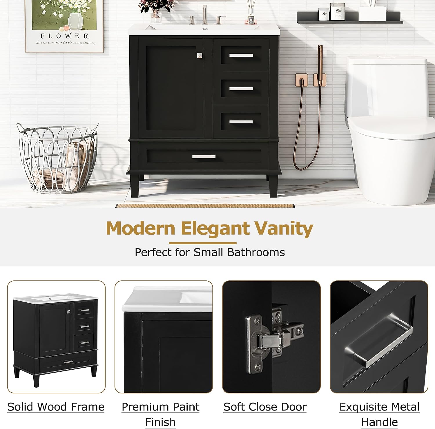 Mirightone 30' Bathroom Vanity with Sink, Bathroom Vanities 30 Inch with Top, Single Sink Bathroom Vanity with 3 Drawers and 1 Soft Closing Door, 30 Restroom Vanity with Cuntertop Sink (Black)