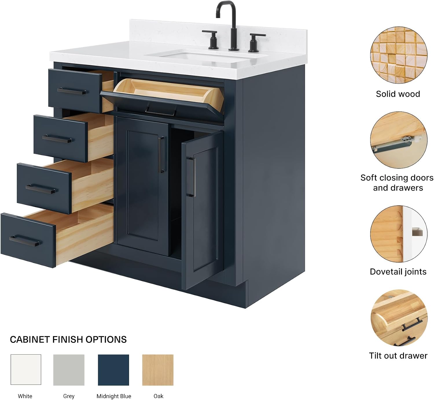 ARIEL Hepburn 36-inch Bathroom Vanity with Sink,Solid Wood, 1.5-inch Carrara White Quartz Countertop, Single Rectangular Porcelain Sink, 2 Soft Closing Doors, 5 Dovetail Drawers, Midnight Blue