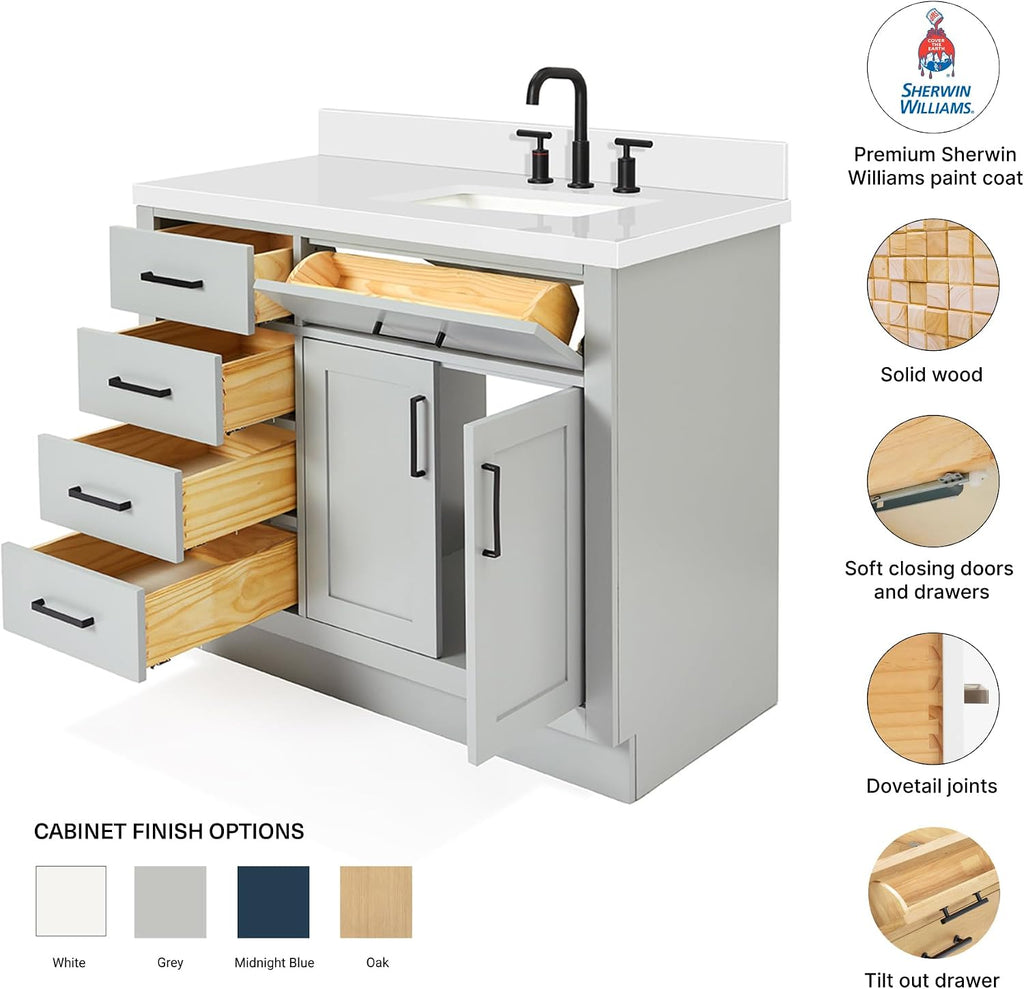 DKB Isabella 42-Inch Gray Single Bathroom Vanity with Sink, 1.5' Pure White Quartz Countertop, Right Rectangular Undermount Sink, Solid Wood Frame, 2 Soft-Close Doors, 5 Dovetail Drawers, Toe Kick
