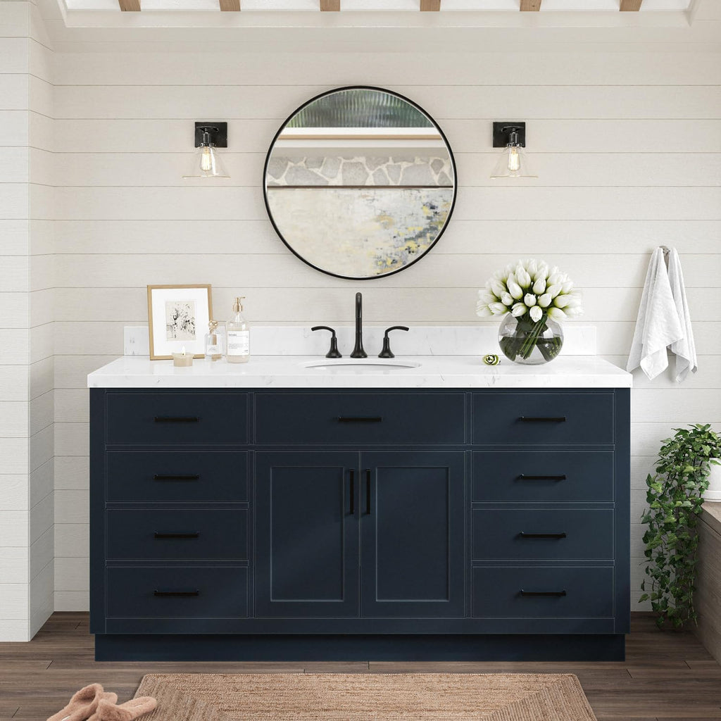 ARIEL Hepburn 66-inch Bathroom Vanity with Sink,Solid Wood, 1.5-inch Carrara White Quartz Countertop, Single Oval Porcelain Sink, 2 Soft Closing Doors, 9 Dovetail Drawers, Midnight Blue