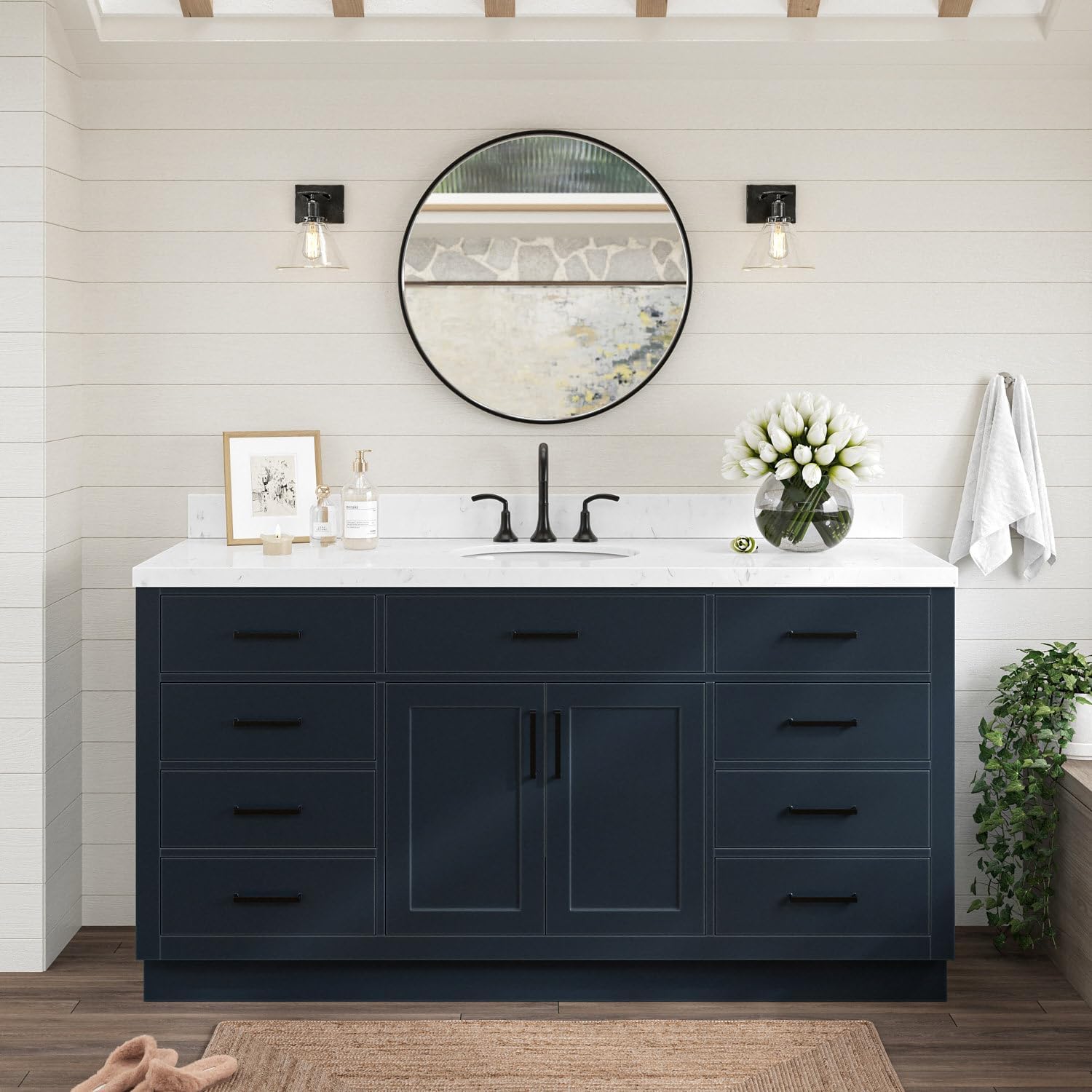 ARIEL Hepburn 66-inch Bathroom Vanity with Sink,Solid Wood, 1.5-inch Carrara White Quartz Countertop, Single Oval Porcelain Sink, 2 Soft Closing Doors, 9 Dovetail Drawers, Midnight Blue