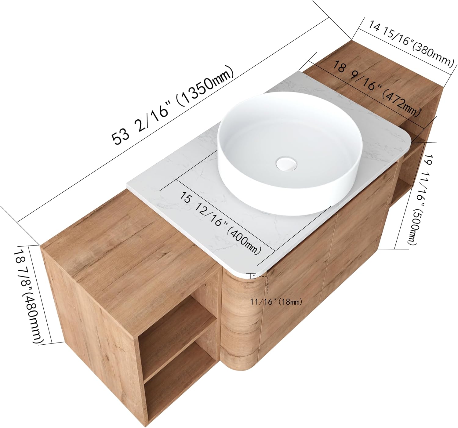 54 Inch Wall-Mounted Bathroom Vanity with Sink Combo Modern Floating Bathroom Vanitites with Round Ceramic Vessel Sink 54' Bathroom Sink Cabinet with Marble Counter Top & 2 Side Storage Shelves