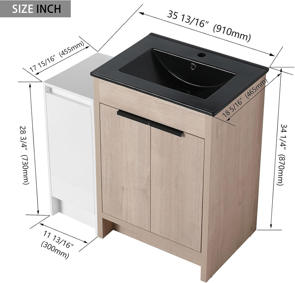 36 Inch Bathroom Vanity with Sink Top Combo, Freestanding Bathroom Vanity Cabinet with Black Ceramic Sink Plywood Bathroom Vanity Set with Storage Cabinets and Soft Closing Door