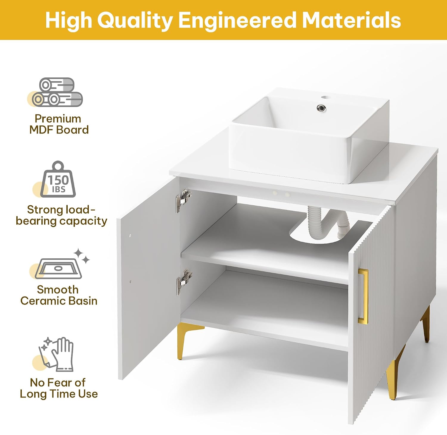 YITAHOME 30 Inch Bathroom Vanity with Vacuum Forming, Freestanding Storage Cabinet Vanity with Engineered White Stone Countertop, 2 Large Soft Closing Doors with Shelf, Gold Handles & Legs, White