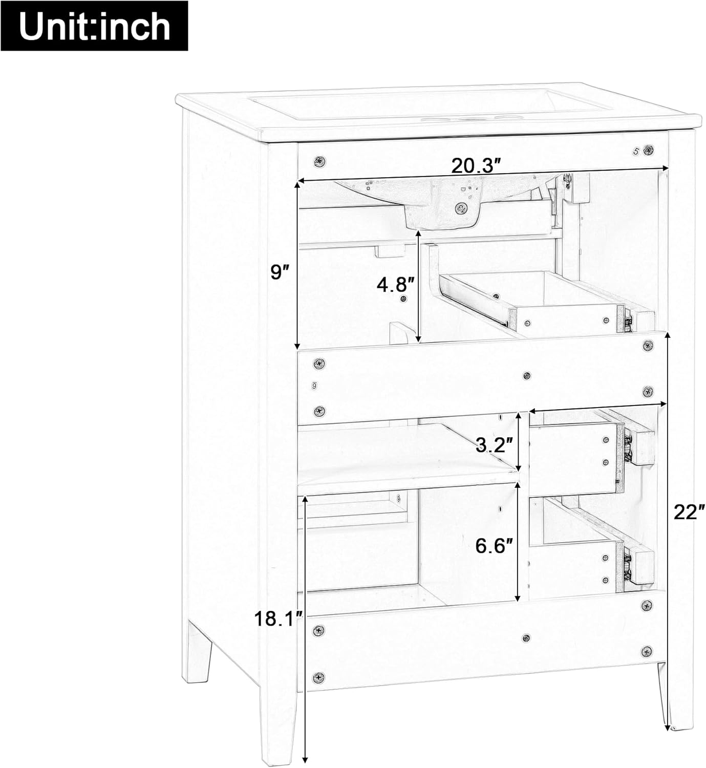 Harper & Bright Designs 24' Bathroom Vanity with Sink, Free Standing Vanity Set with 4 Drawers, Storage Racks, and Adjustable Shelf, Wood Bathroom Cabinet with Ceramic Basin for Bathroom, White
