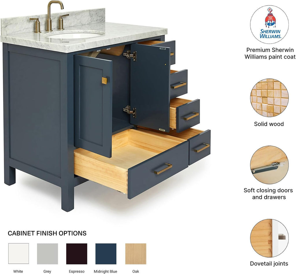 DKB Beckford 36' Midnight Blue Bathroom Vanity with Sink, Carrara White Marble Countertop, Oval Undermount Sink, Offset, 2 Soft Closing Doors, 5 Dovetail Drawers