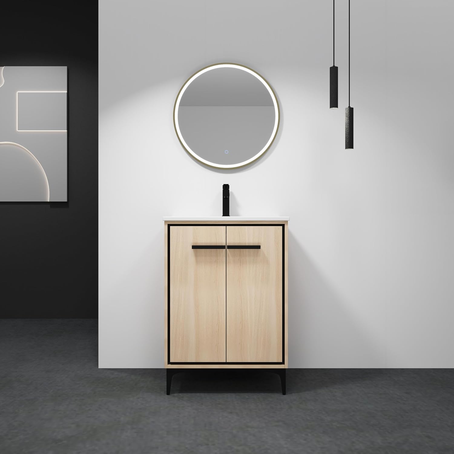 24 Inch Bathroom Vanity with Sink, Freestanding Single Sink Bathroom Vanity with Soft Closed Doors, Integrated Sink, Engineered Wood Bathroom Sink Vanity (Oak)