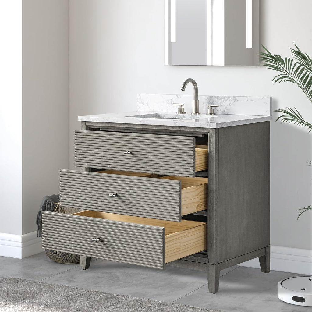 Vanity Art 36' Bathroom Vanity with Single Sink & Arabescato White Engineered Stone Top, Vanity Cabinet with Soft Closing Door, Solid Wood Frame, Brushed Nickel Handles, Driftwood Gray VA8136-DG-BN