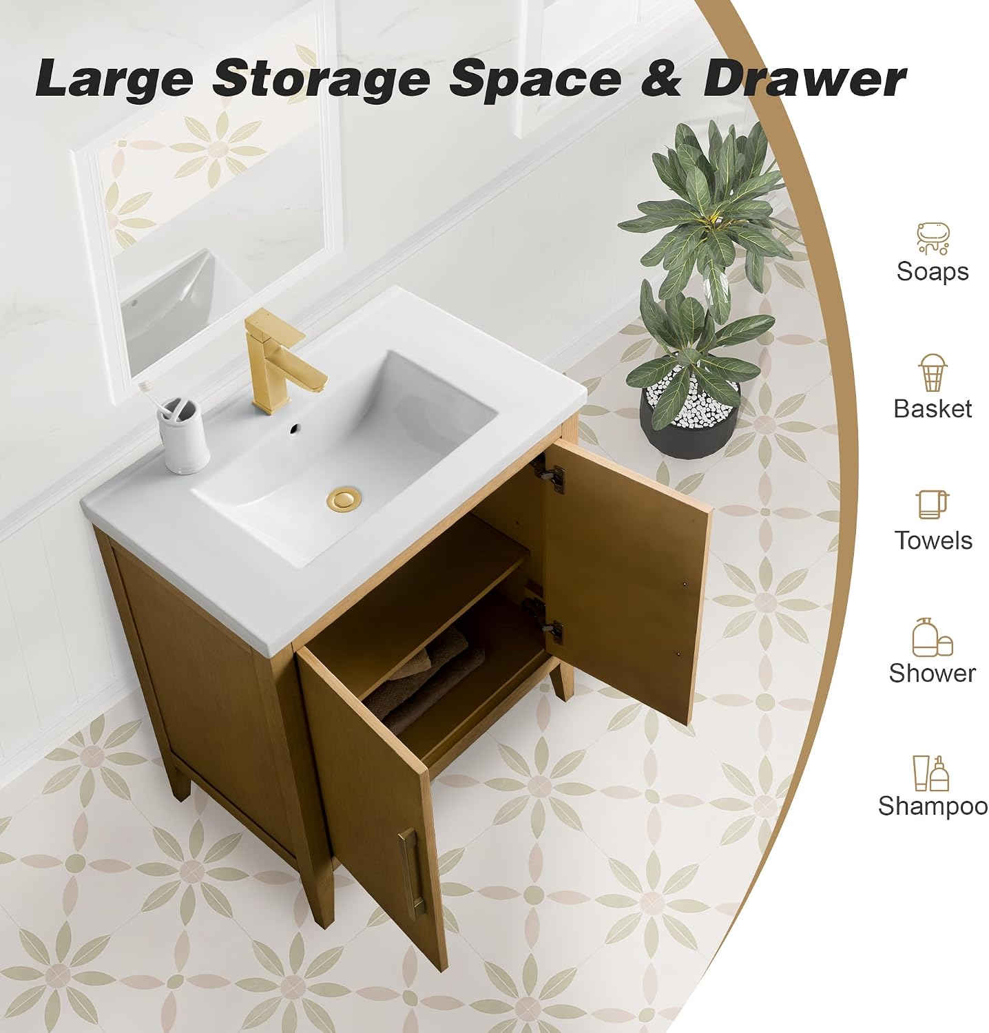 HOMEBEYOND 30 Inch Bathroom Vanities with Sink & Ceramic Top, Single Vanity Cabinet with Basin, Solid Wood Frame, Soft-Closing Doors & Golden Brushed Hardware, Natural Oak