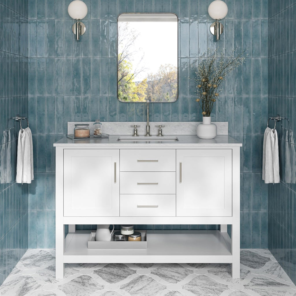 ARIEL Bayhill 48-inch Bathroom Vanity with Sink,Solid Wood, 0.75-inch Italian Carrara Marble Countertop, Single Rectangular Porcelain Sink, 2 Soft Closing Doors, 2 Dovetail Drawers, White