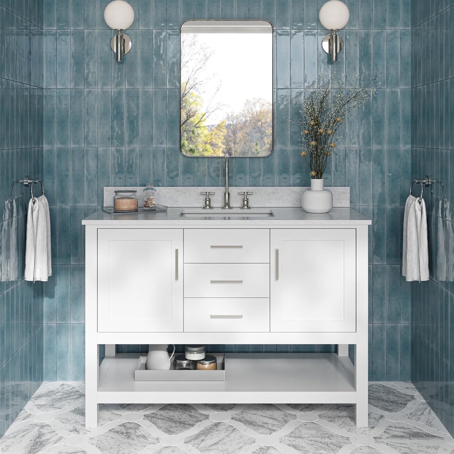 ARIEL Bayhill 48-inch Bathroom Vanity with Sink,Solid Wood, 0.75-inch Italian Carrara Marble Countertop, Single Rectangular Porcelain Sink, 2 Soft Closing Doors, 2 Dovetail Drawers, White