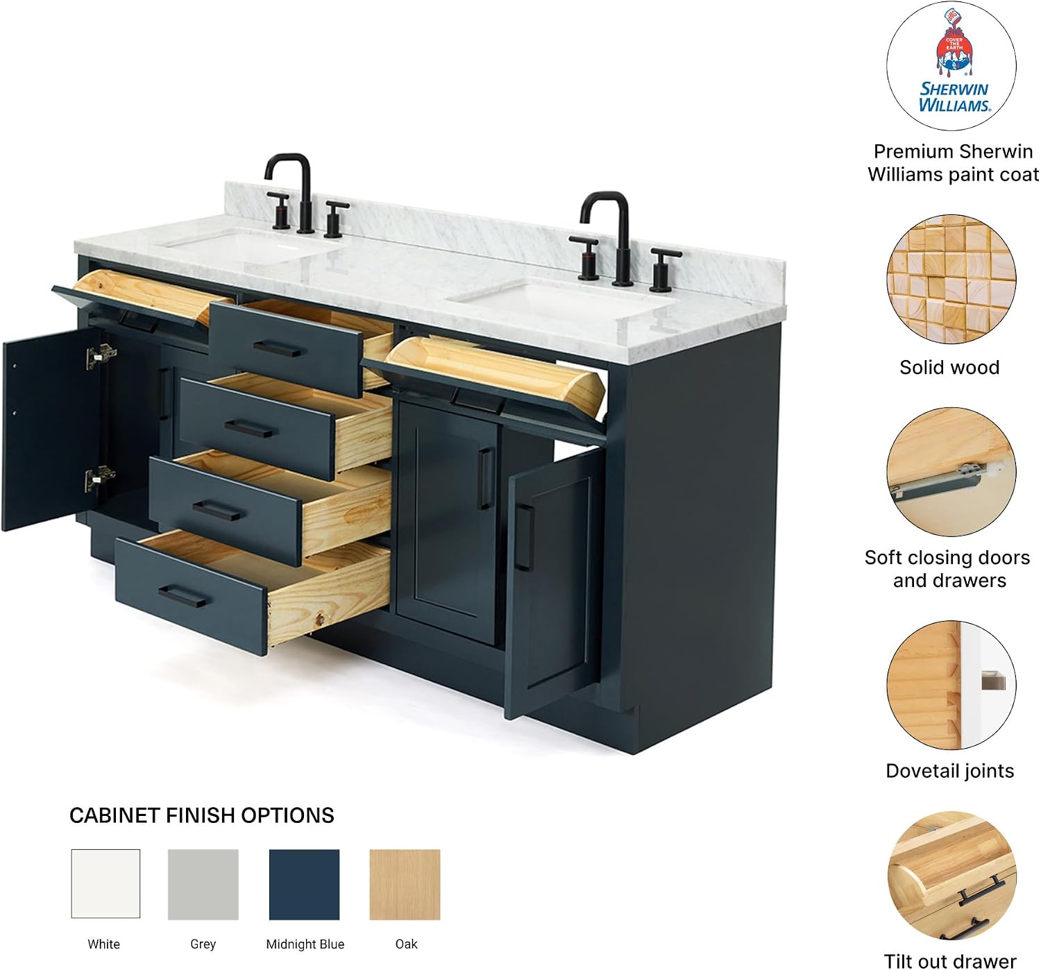 DKB Isabella 72 Inch Bathroom Vanity Double Sink — Midnight Blue Bathroom Vanity with Sink, 1.5' Edge Italian Carrara Marble Countertop, 4 Soft-Close Doors, 4 Dovetail Drawers, and 2 Tilt Drawers