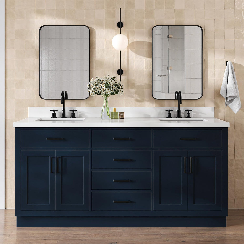 DKB Isabella 72 Inch Bathroom Vanity Double Sink — Midnight Blue Bathroom Vanity with Sink, 1.5' Edge Pure White Quartz Countertop, 4 Soft-Close Doors, 4 Dovetail Drawers, and 2 Tilt Drawers