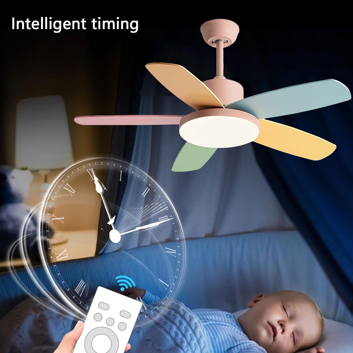 Kids Quiet Ceiling Fan with Light 48in Colorful Remote Fan Ceiling with Light Girls Boys Room Bedroom Mute Pink Ceiling Fans 6 Gear Wind Speeds 60W LED Ceiling Light Fan Lighting
