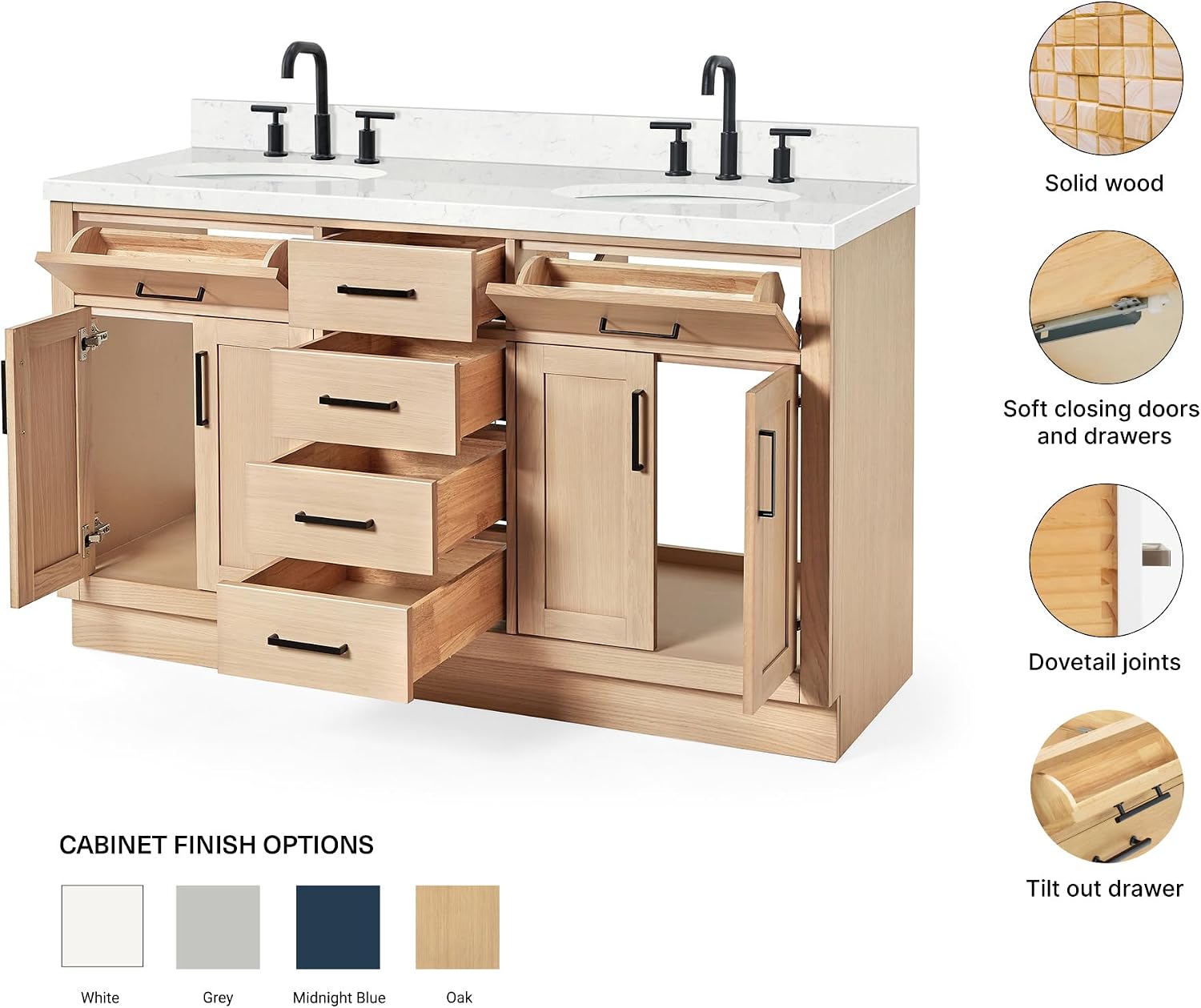 ARIEL Hepburn 60-inch Bathroom Vanity with Sink,Solid Wood, 1.5-inch Carrara White Quartz Countertop & Backsplash, Double Oval Porcelain Sink, 4 Soft Closing Doors, 6 Dovetail Drawers, White Oak