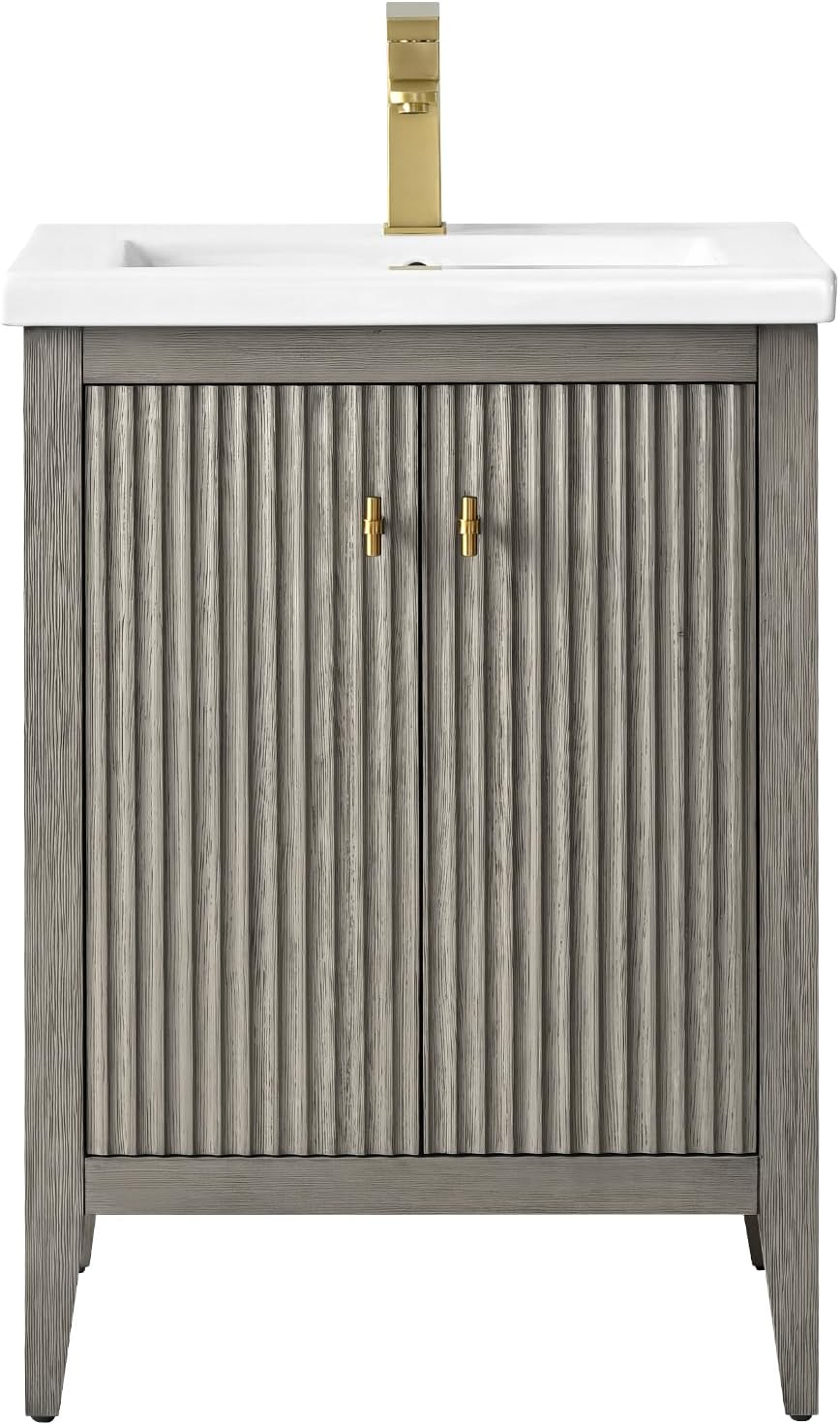 Vanity Art 24 inch Bathroom Vanity with Single Sink & Ceramic Top, Vanity Cabinet with Soft-Closing Door, Solid Wood Frame, Linear Pattern, Driftwood Gray, Golden Brushed Handware VA9124-DG-GB