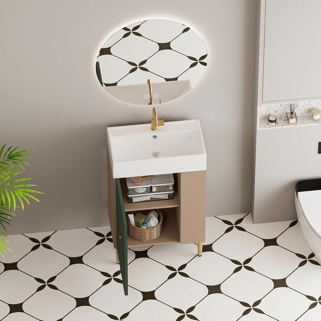 21.6 Inch Bathroom Vanity with Sink, Vanities with Square Ceramic Sink Top and Right Side Storage, Combo Stand Storage Cabinet Set for Small Bathroom (Green)