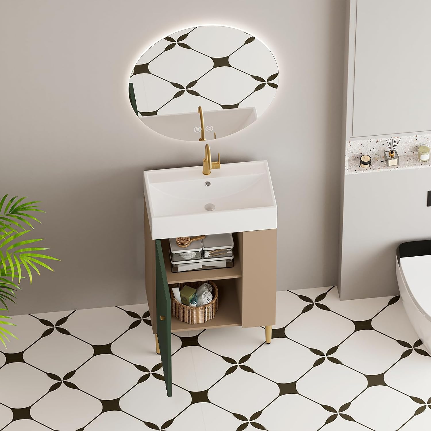 21.6 Inch Bathroom Vanity with Sink, Vanities with Square Ceramic Sink Top and Right Side Storage, Combo Stand Storage Cabinet Set for Small Bathroom (Green)