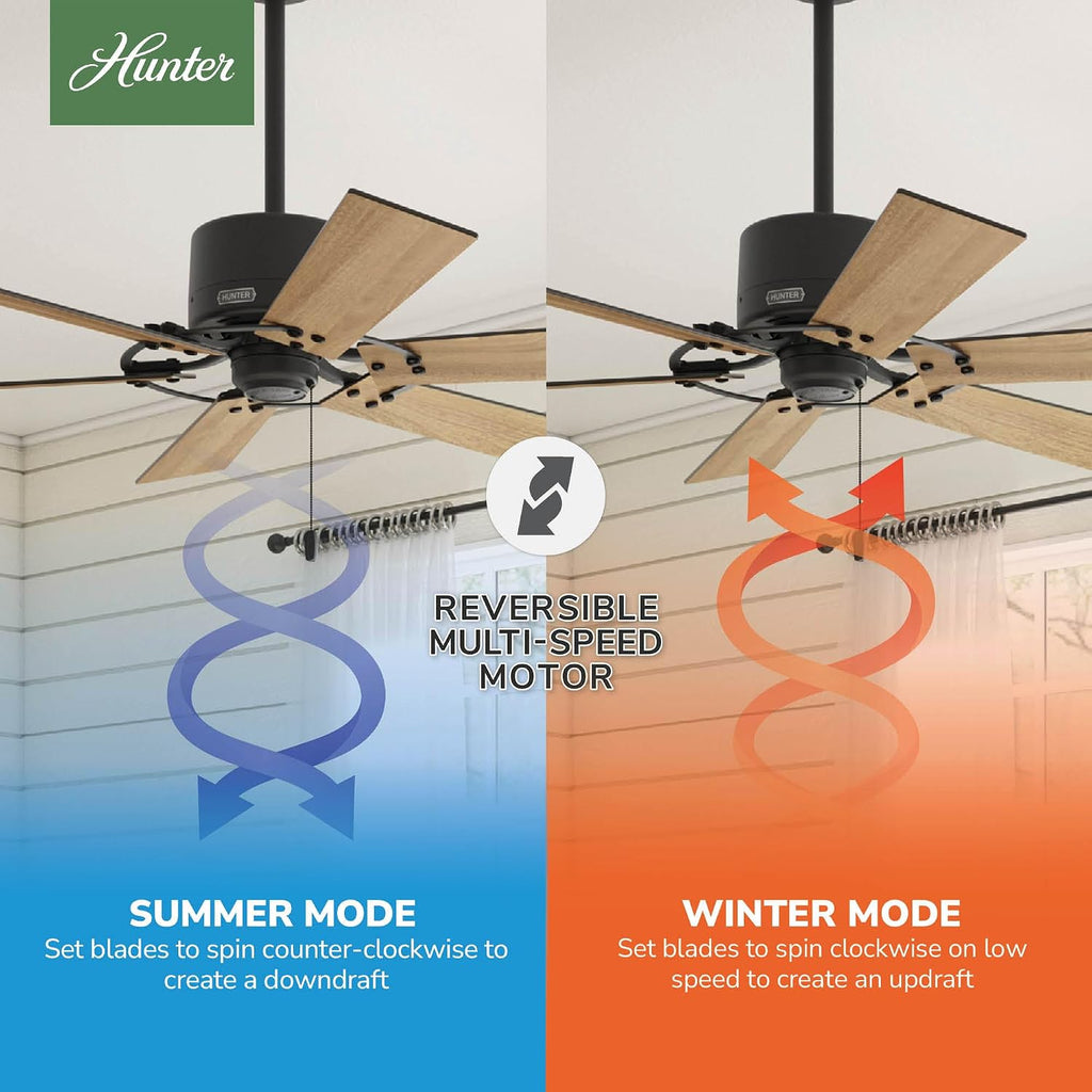 Hunter 52 inch Indoor Ceiling Fan No Light - Black Ceiling Fan without Light, 6 Blades, Standard Mount, For Bedroom, Living Room, or Kitchen, Pull Chain - Gilrock 51817, Matte Black