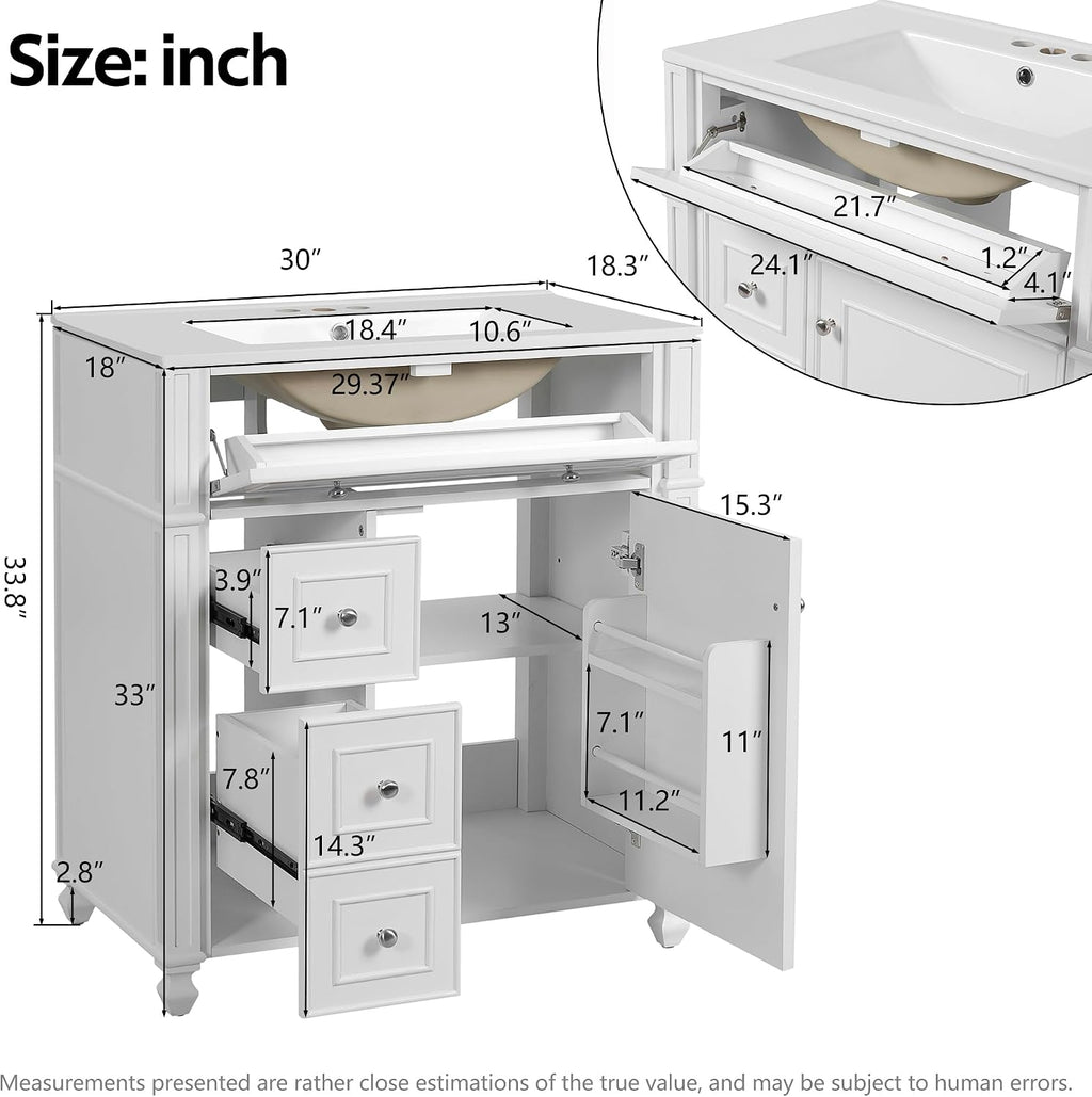 Merax 30' Bathroom Vanity with Sink, Modern Solid Wood Frame Bathroom Vanity Storage Cabinet with Adjustable Shelf, Ceramic Sink Top, Soft Closing Doors, 3 Drawers and Tip Out Drawer, White