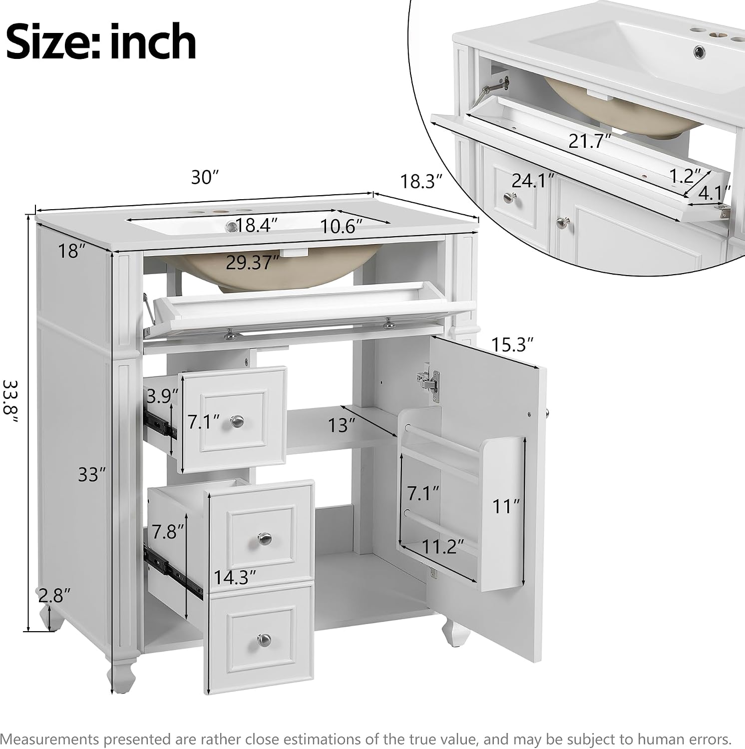 Merax 30' Bathroom Vanity with Sink, Modern Solid Wood Frame Bathroom Vanity Storage Cabinet with Adjustable Shelf, Ceramic Sink Top, Soft Closing Doors, 3 Drawers and Tip Out Drawer, White