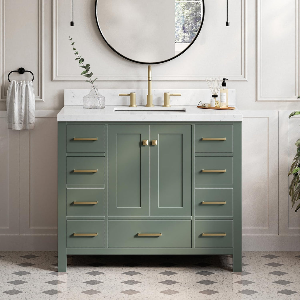ARIEL Cambridge 42 Inch Single Rectangle Sink Bathroom Vanity with Carrara White Quartz Countertop 1.5 Inch in Vintage Green
