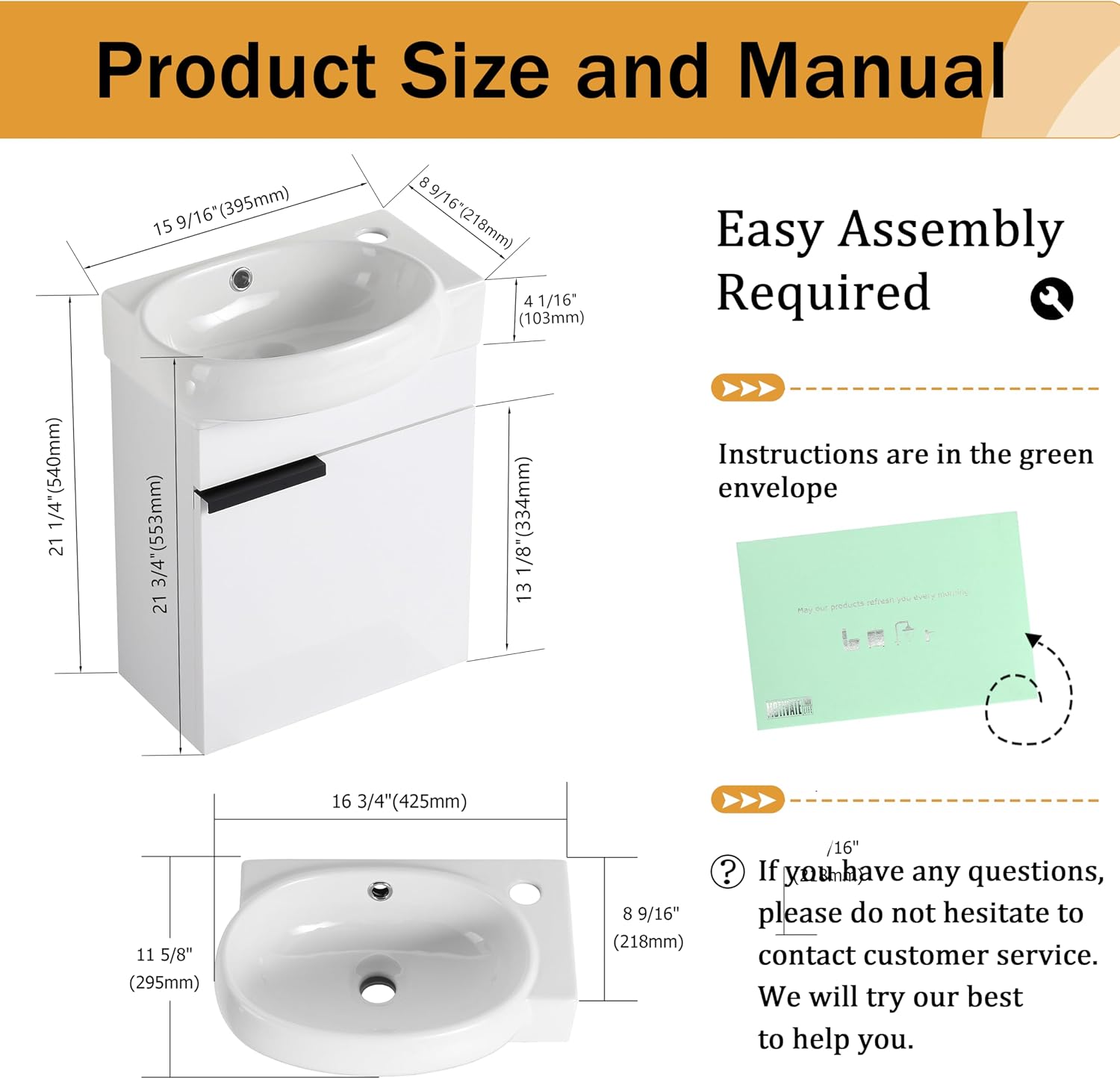 Malwee 16 Inch Floating Bathroom Vanity with Sink, 16'' Wall Mounted Single Sink Bathroom Vanity Combo, Modern White Cabinet Set with 1 Soft Close Door and Ceramics Basin Top,MAF02916-GWH