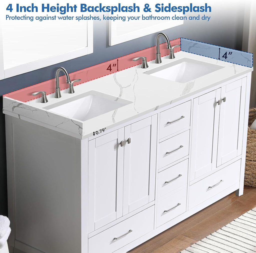 60 in.W x 22 in.D Quartz Calacatta River Vanity Top,with Undermount Double Sink Vanity Top,with Two Sidesplash & One Backsplash,8 Inch Faucet Hole Spread Bathroom Vanity Sink Countertop