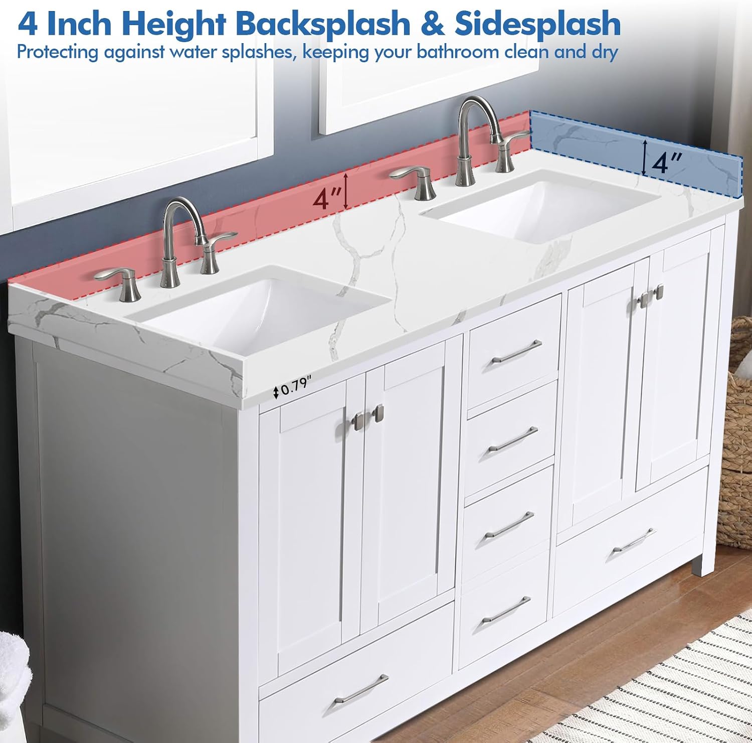 60 in.W x 22 in.D Quartz Calacatta River Vanity Top,with Undermount Double Sink Vanity Top,with Two Sidesplash & One Backsplash,8 Inch Faucet Hole Spread Bathroom Vanity Sink Countertop