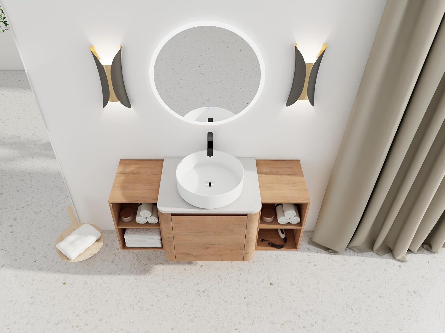 48 Inch Wall-Mounted Bathroom Vanity with Sink Combo Modern Floating Bathroom Vanitites with Round Ceramic Vessel Sink 48' Bathroom Sink Cabinet with Marble Counter Top & 2 Side Storage Shelves