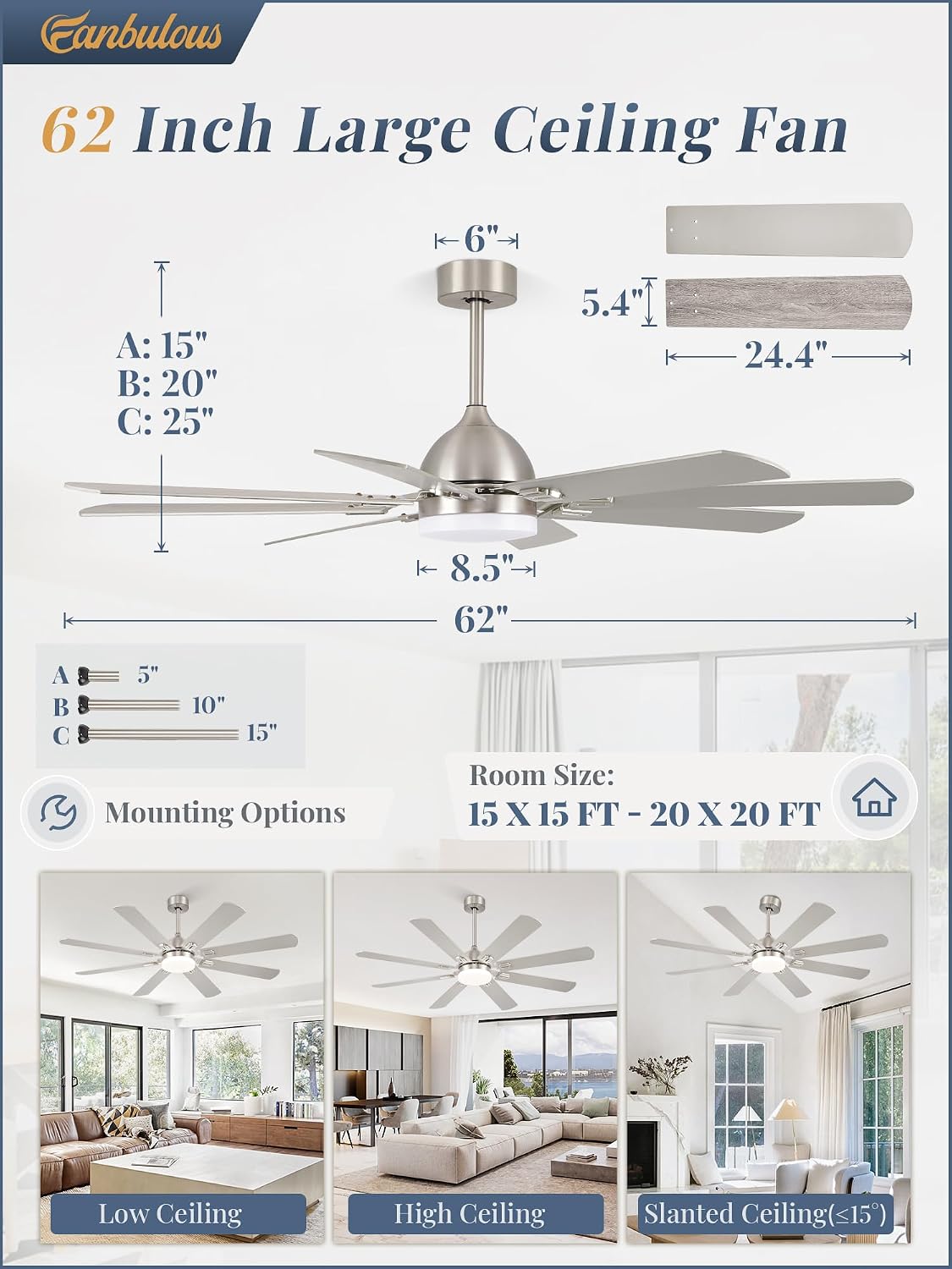 Fanbulous 62 Inch Ceiling Fans with Lights,Nickel Modern Ceiling Fan with Remote Large Farmhouse Indoor & Outdoor Ceiling Fan with 8 Dual Finish Blades, Quiet DC Motor, Bright LED Light