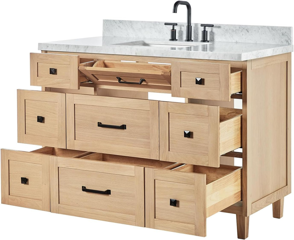 ARIEL Monroe 48-inch Bathroom Vanity with Sink,Solid Wood, 1.5-inch Italian Carrara Marble Countertop, Single Rectangular Porcelain Sink, Dovetail Drawers, White Oak