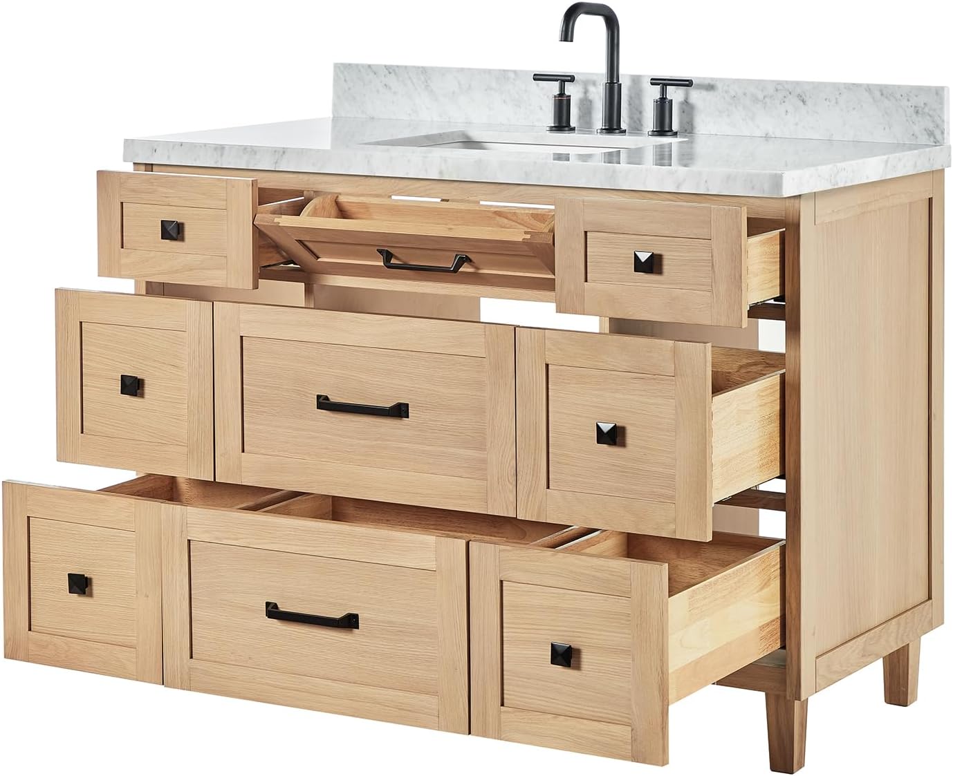 ARIEL Monroe 48-inch Bathroom Vanity with Sink,Solid Wood, 1.5-inch Italian Carrara Marble Countertop, Single Rectangular Porcelain Sink, Dovetail Drawers, White Oak