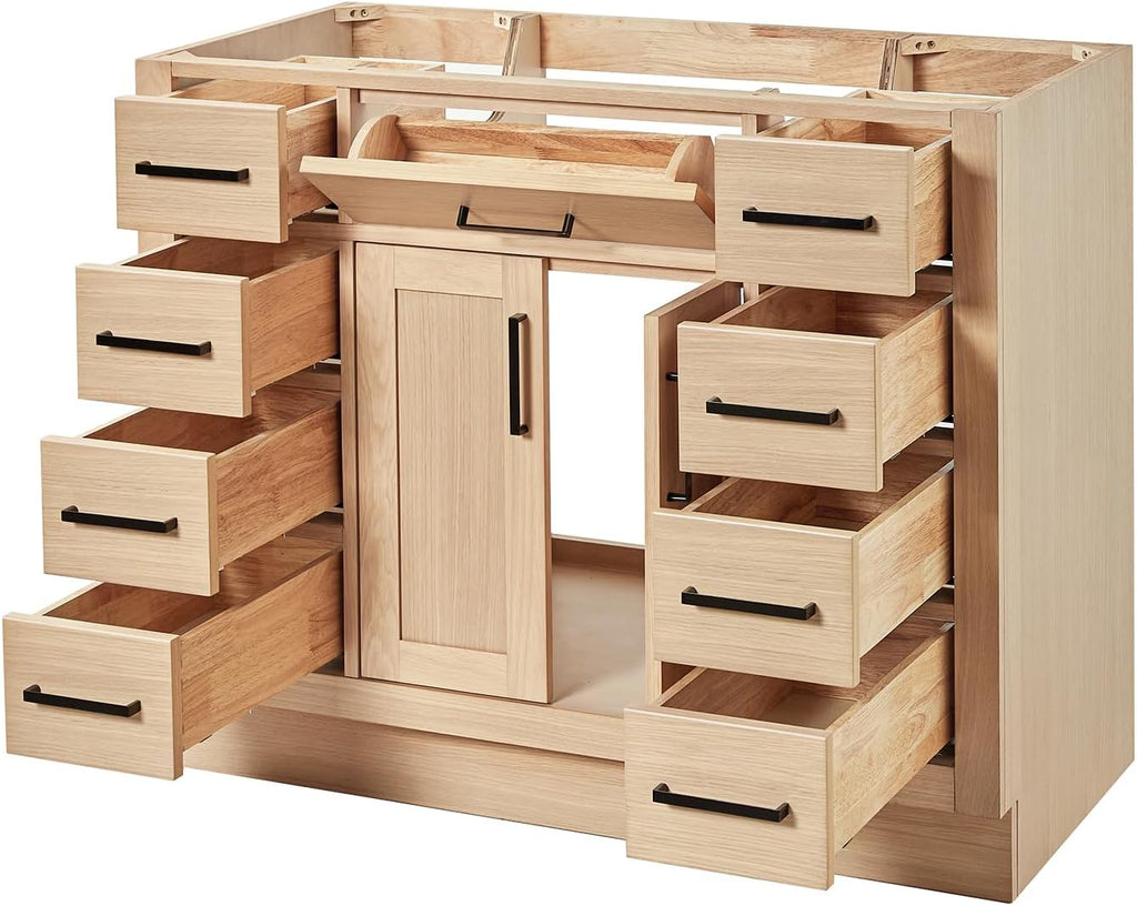 ARIEL Hepburn 42-inch Bathroom Vanity Base Cabinet,Solid Wood, 2 Soft Closing Doors, 9 Dovetail Drawers, White Oak